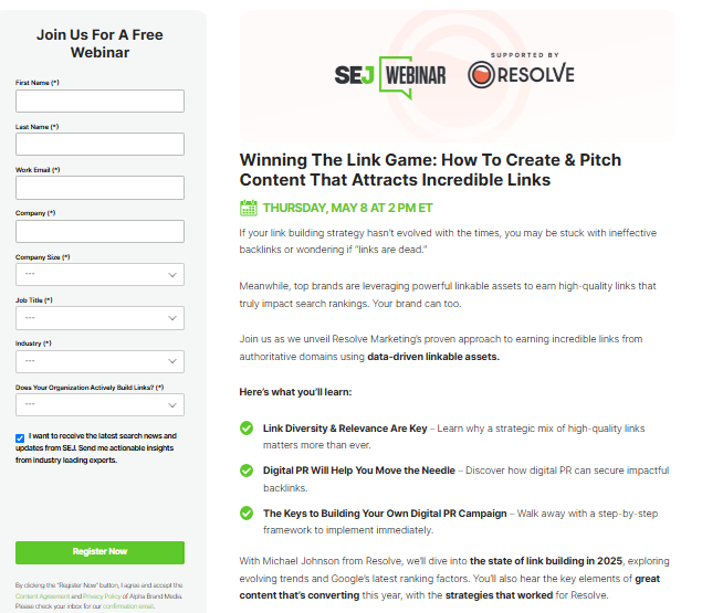 Search Engine Journal webinar registration landing page with speaker information and signup form